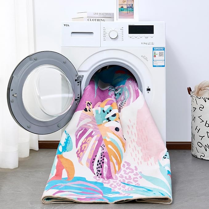 RoomTalks Tropical Leaves Washable Rug, Colorful Pink Blue Boho Cute Floral - Image 4
