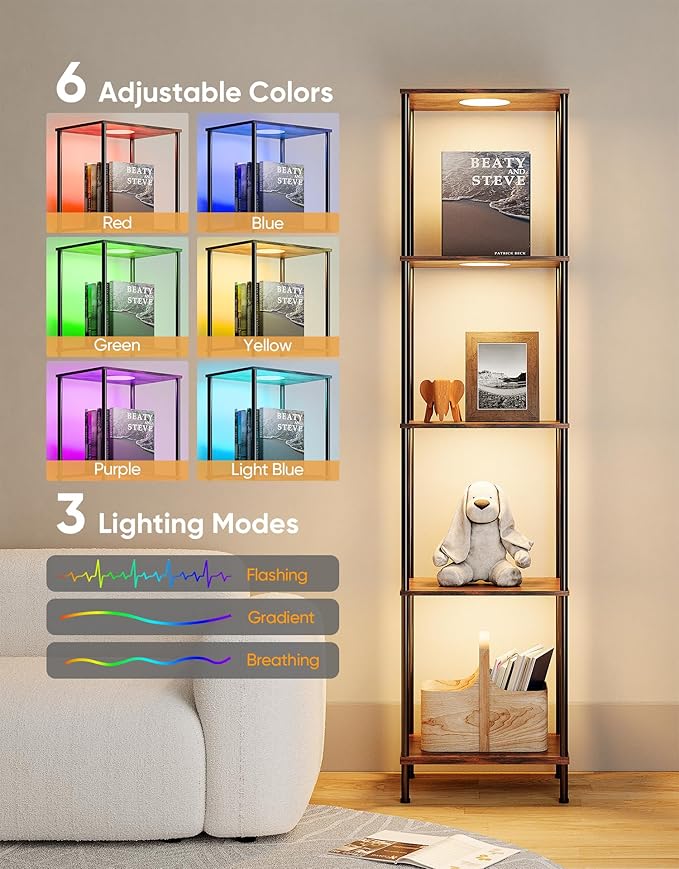 Display Shelf with RGBW Light, Color Changing Curio Cabinet Floor Lamp with - Image 4