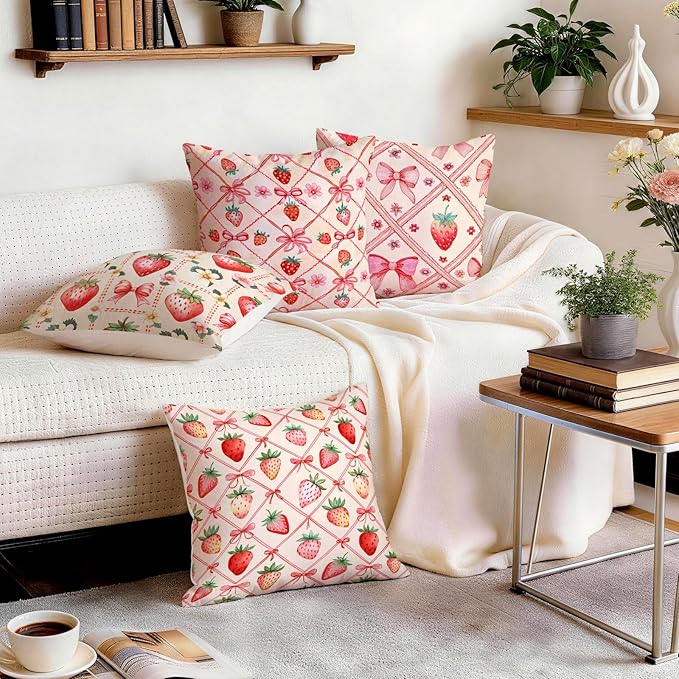 OBSEDE Pink Bow Strawberry Throw Pillow Covers 18 × 18 in, Couch Cushion Cases - Image 9
