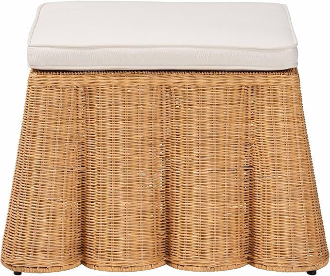 Bali & pari Palm Bohemian Honey Scallop Rattan Ottoman - Image 4
