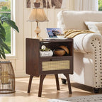 Lerliuo Rattan Nightstand with Charging Station, Walnut Bedside Table with - Image 2