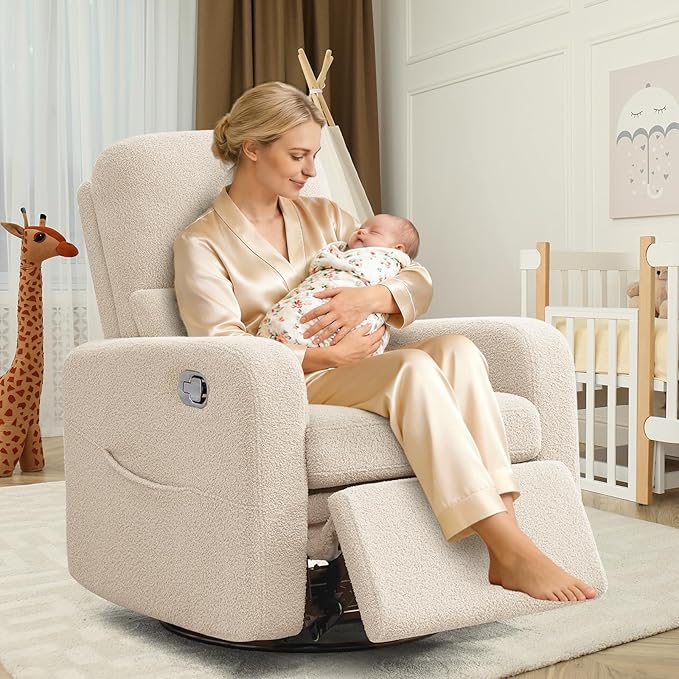 Swivel Rocker Recliner, Oversized Manual Boucle Nursery Glider Rocking Recliner - Image 4