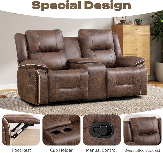 EBELLO Faux Leather Manual Recliner Sofa Set, 2 Seat Reclining Chair and a - Image 3