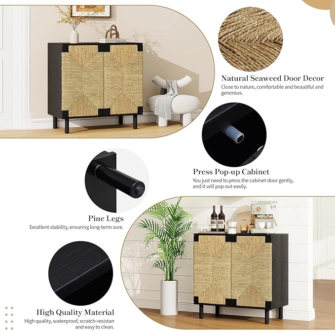 31.5" Black Accent Storage Cabinet, Modern Boho Sideboard - Image 2