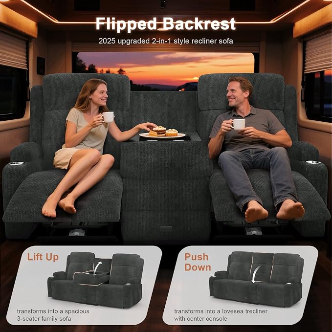 RV Loveseat Recliner Sofa, Massage Wall Hugger 3-Seater Recliners Couch - Image 3