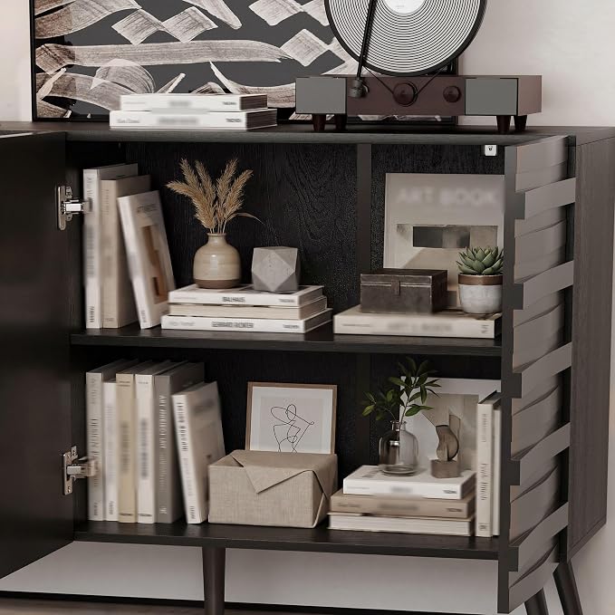 Fluted Storage Unit Cabinet, Modern Black Console Cabinets - Image 6