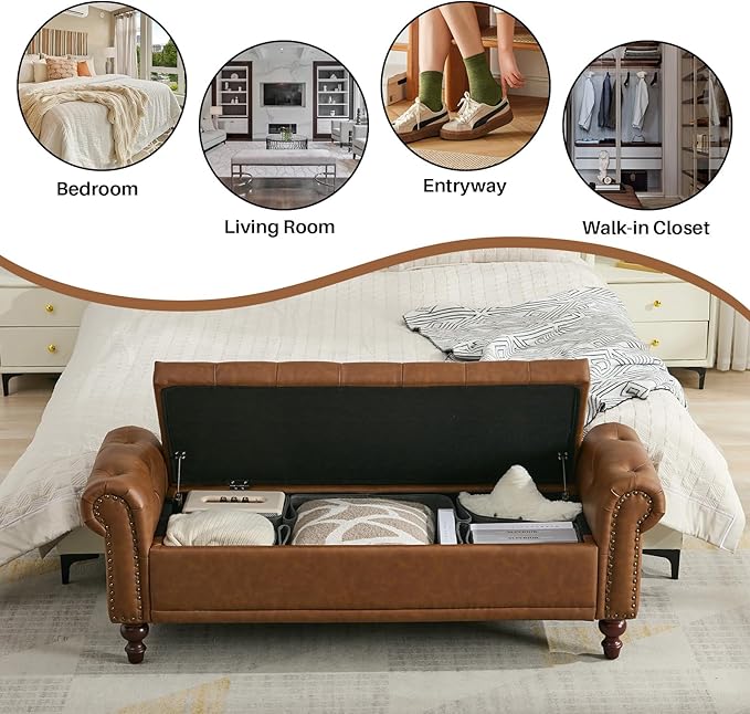 SOFTHION 58.1" Storage Bench Upholstered PU Leather End of Bedroom Bed Bench - Image 5