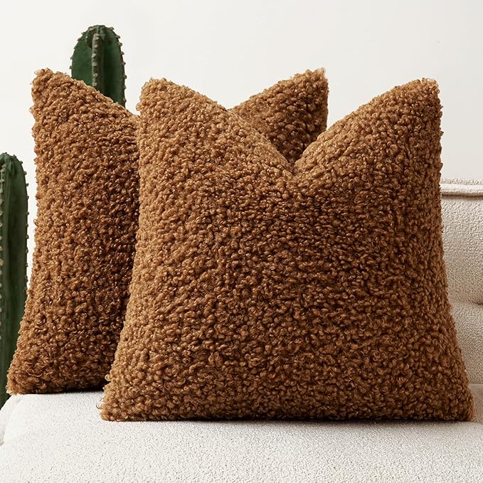 Faux Fur Throw Pillow Covers 20x20 Inch Set of 2 Boucle Neutral Decorative by Woaboy