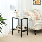 2-Tier Bamboo Side Table, Modern Glasstop Rattan Side Table, Mid Century Wood - Image 5