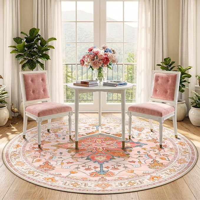 RELEANY Area Rugs Round 5ft Washable Non-Slip, Floral Vintage Distress Print - Image 2