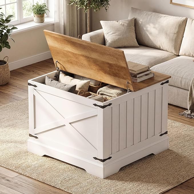 Giantex Farmhouse Lift Top Coffee Table, 31.5" Square Wood Center Table - Image 3