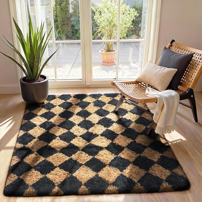 Ophanie Black & Beige Diamond Checkered Rugs - Image 3