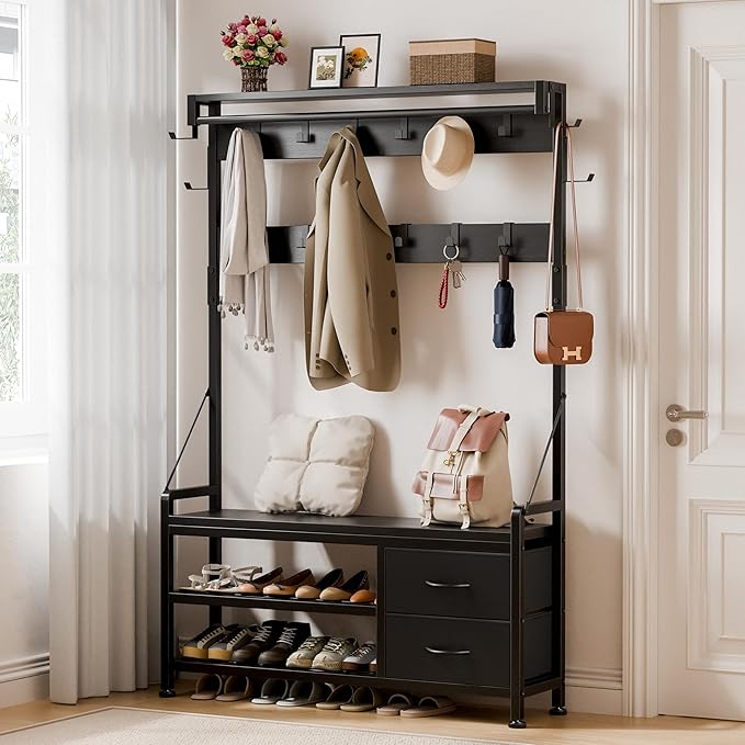 Lulive Hall Tree with Bench and Shoe Storage, 39.4” Entryway Bench with Coat - Image 2