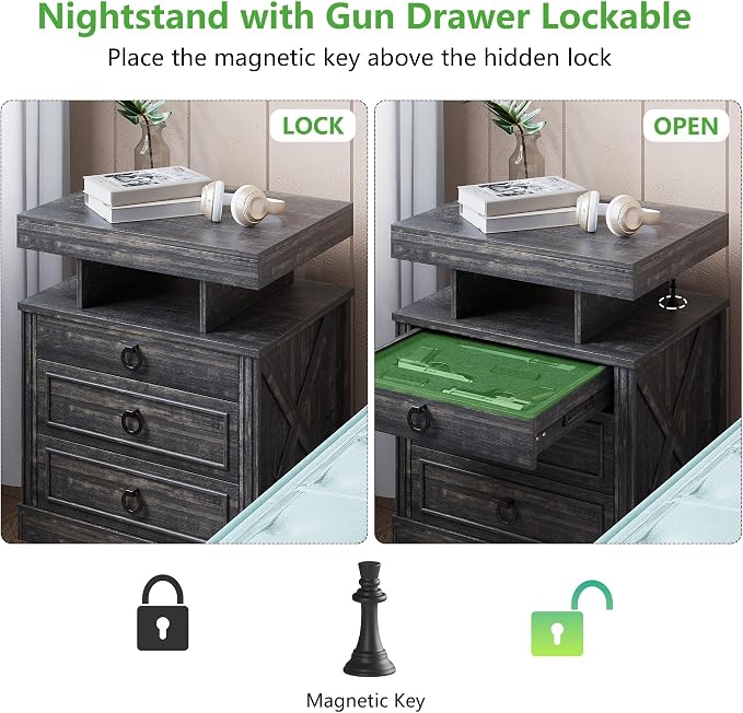 HNEBC Nightstand with Gun Drawers, LED Farmhouse Night Stand with Charging - Image 8