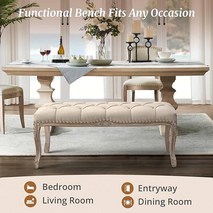 Cozyman Bedroom Bench, French Vintage Tufted Entryway Bench, 45.2" Carving - Image 5