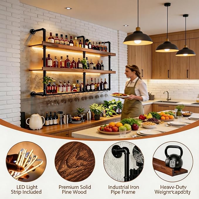 Wall Mounted Wine Rack with LED Lights, 3-Tier Industrial Wood Floating Shelves - Image 4