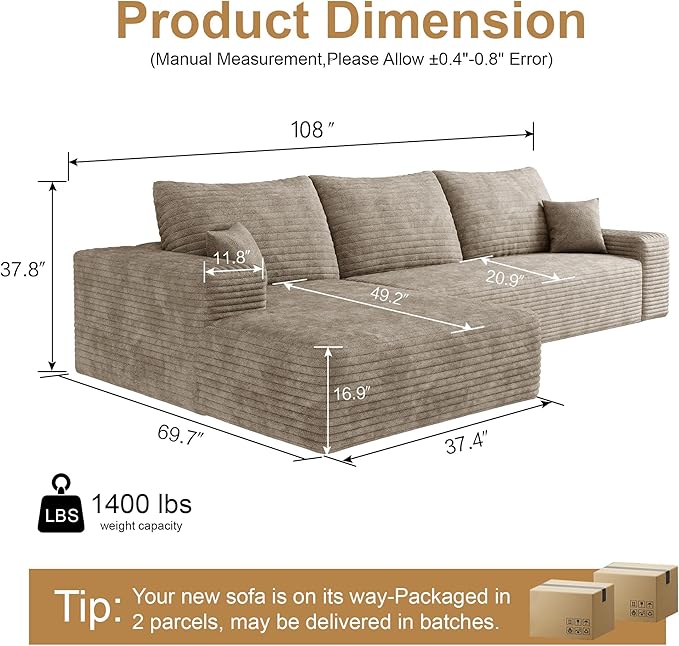 108" Sectional Couches for Living Room Cloud Couch Sofa - Image 2