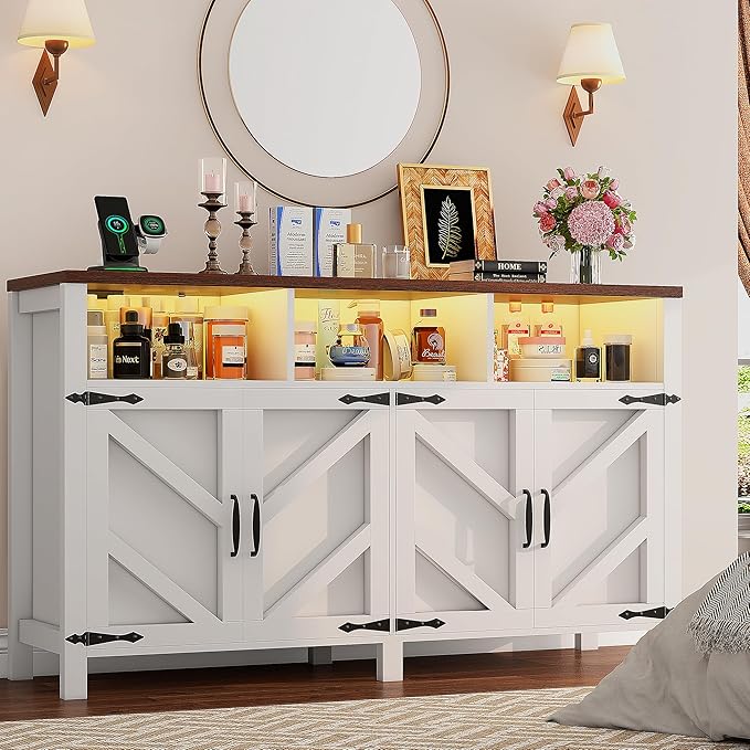 knoworld Buffet Sideboard with Storage with Power Outlets & LED Light 4 Doors - Image 8