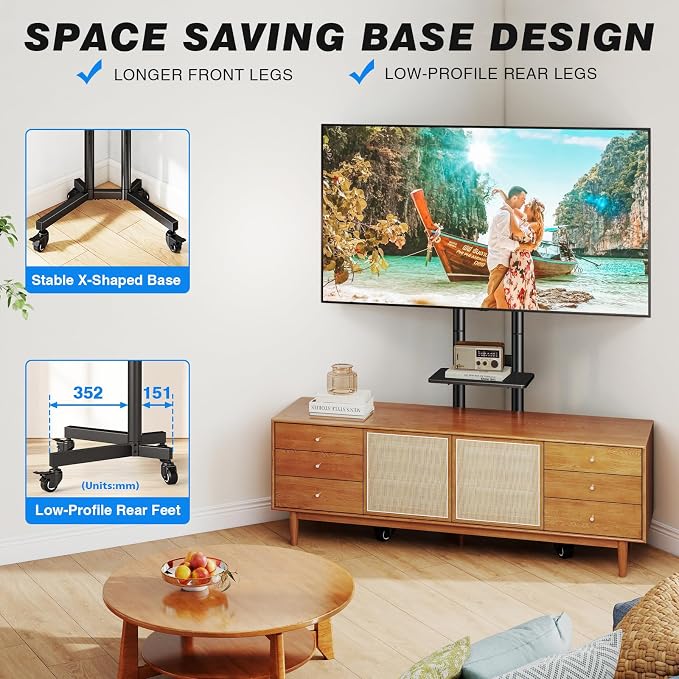 Rolling TV Stand with Shelf for 32-85 inch TVs up to 150lbs, Portable Mobile TV - Image 7