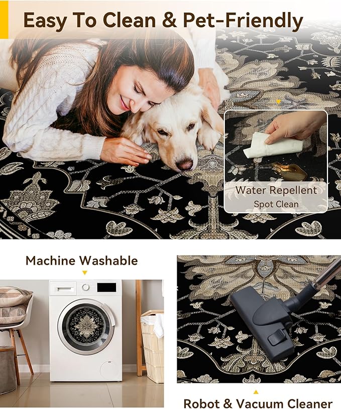 RELEANY Area Rugs Round 4ft Washable Non-Slip, Floral Vintage Distress Print - Image 5