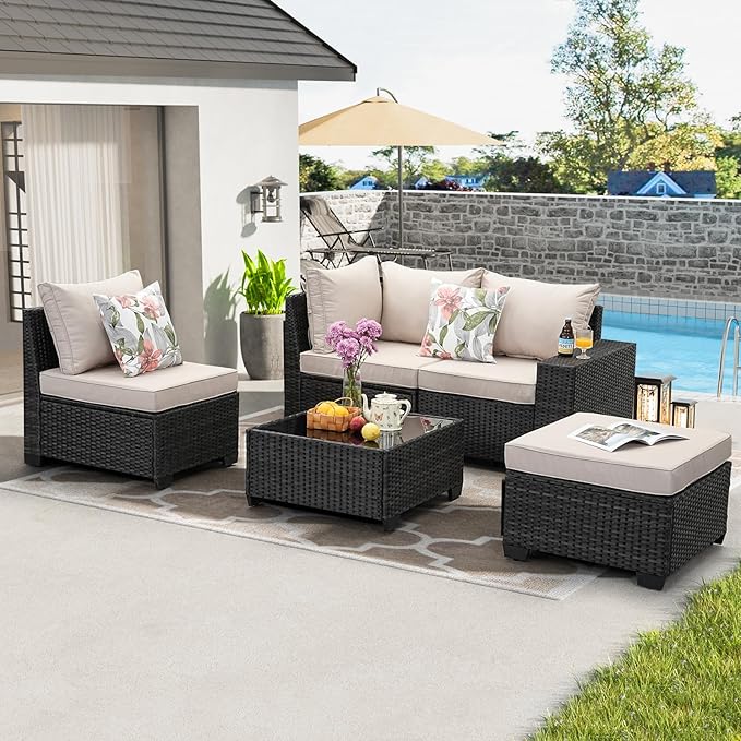 JOYURE 5 Pieces Patio Furniture Set All-Weather Outdoor Wicker Sectional - Image 8