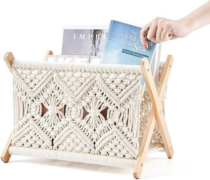 Mkono Macrame Magazine Rack Boho Storage Holder Standing Basket - Image 5