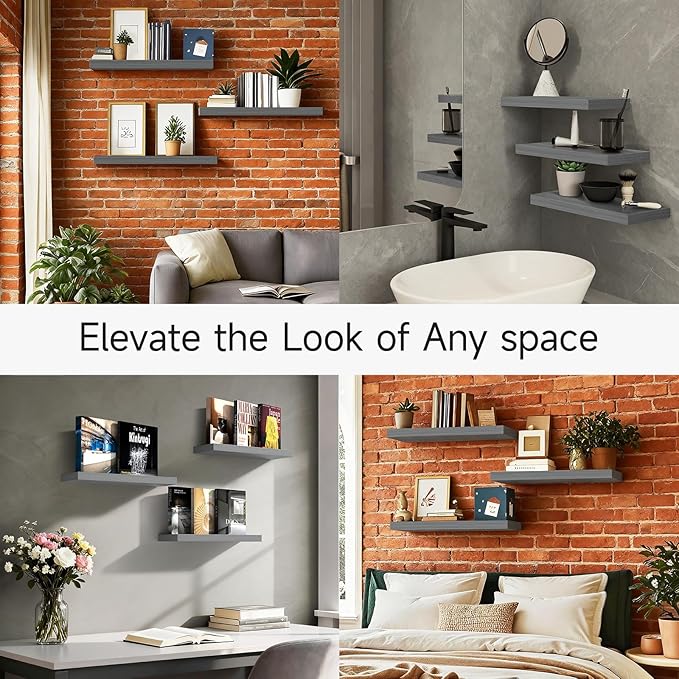 BAYKA Grey Floating Shelves for Wall, Wall Mounted Rustic Wood Shelves for - Image 8