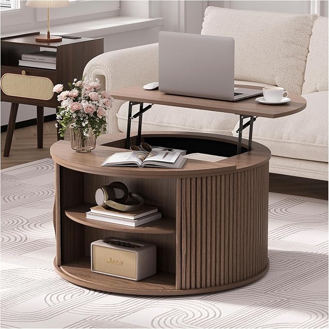 JOINICE 31.5" Round Lift Top Coffee Table, Mid Century Modern Walnut Center - Image 5