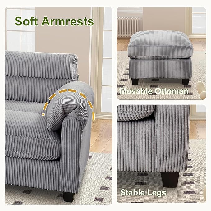 HAOMARKETS Corduroy 2-Piece Sofa Set, Upholstered Ottoman and 3-Seater Sofa - Image 5