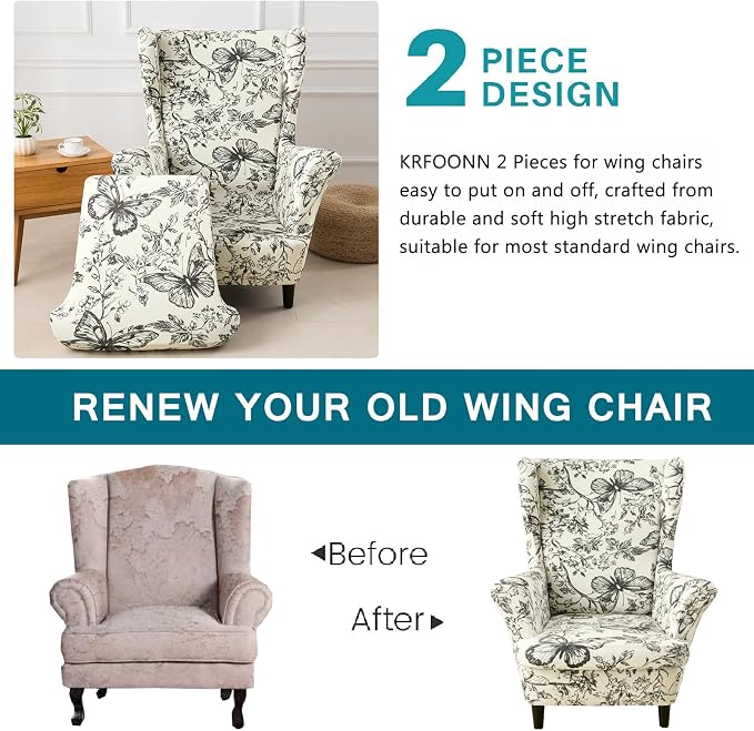 KRFOONN Velvet Wing Chair Slipcovers 2 Piece Stretch Printed Wingback Chair - Image 4