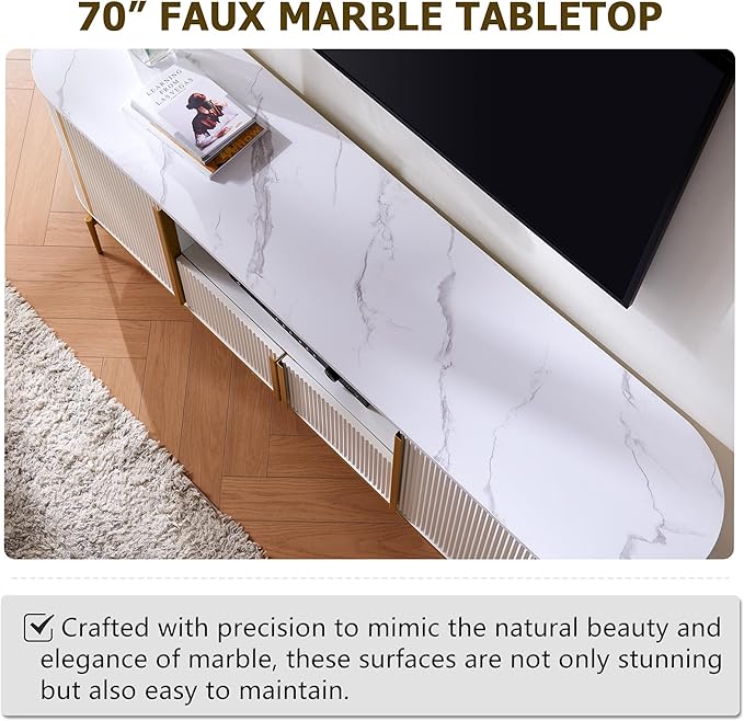 OKD 70" Fluted TV Stand with Storage, Faux Marble Top Entertainment Center - Image 4