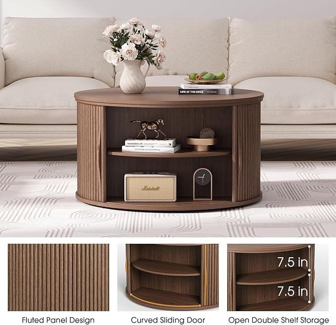 JOINICE 31.5" Round Lift Top Coffee Table, Mid Century Modern Walnut Center - Image 3