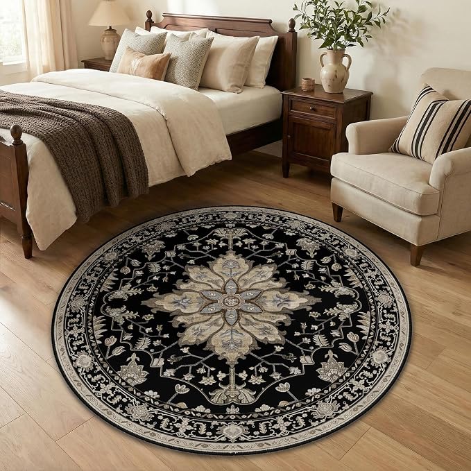 RELEANY Area Rugs Round 4ft Washable Non-Slip, Floral Vintage Distress Print - Image 3