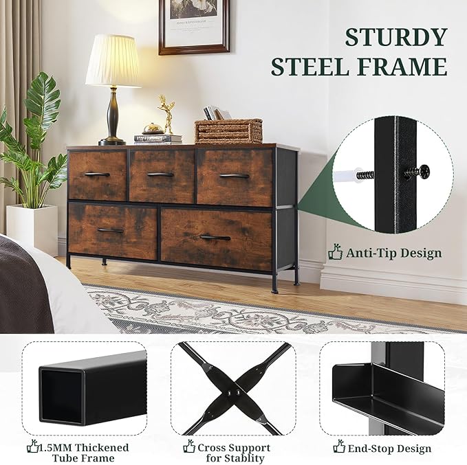 5-Drawer Dresser for Bedroom, Anti-Tip Wide Storage Organizer Fabric Chest of - Image 4