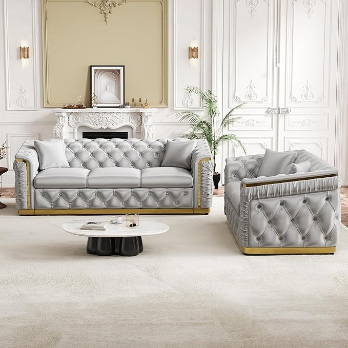 Luxury Chesterfield Sofa Set of 2, Velvet Tufted Couch Victorian Black and Gold - Image 9