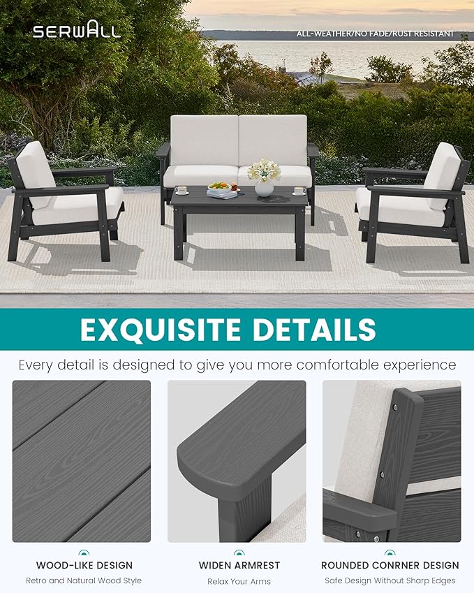 SERWALL Outdoor Patio Furniture Set, 5 Piece HDPE Patio Conversation Sets - Image 4