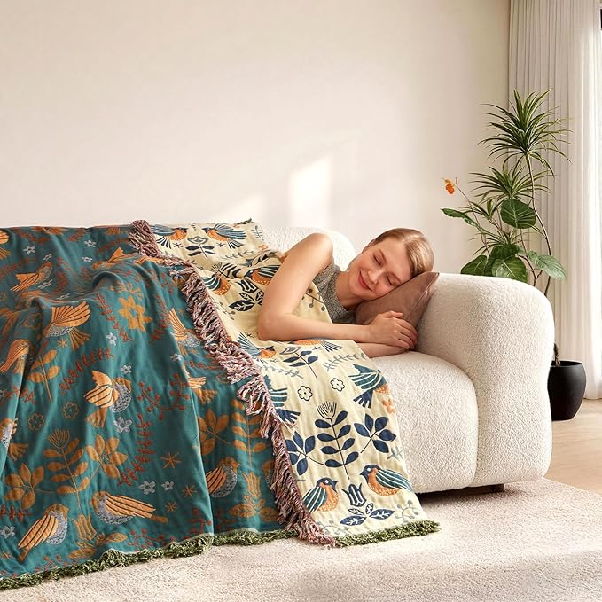 LUTBM Boho Throw Blanket for Couch 100% Cotton Soft Birds and Floral Double - Image 9