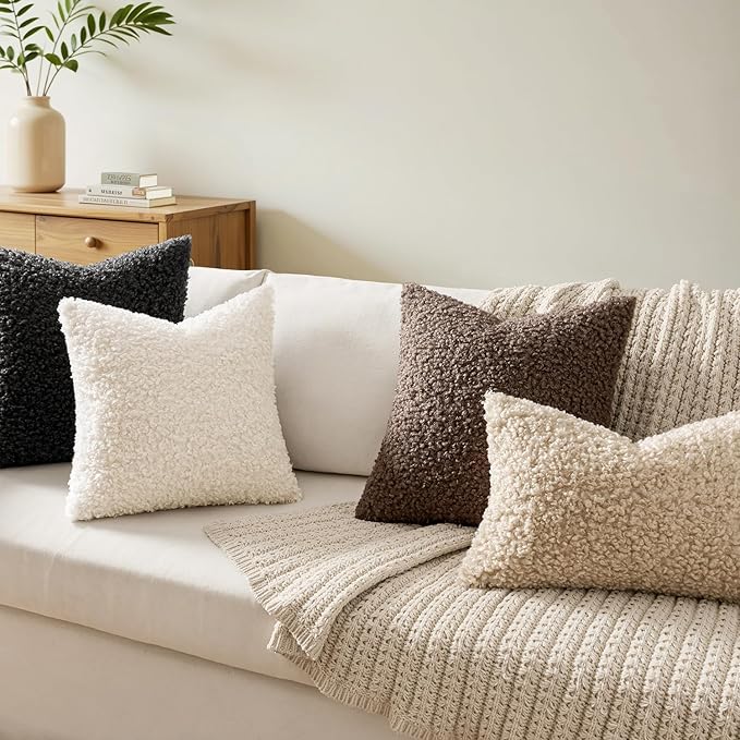 Faux Fur Throw Pillow Covers 20x20 Inch Set of 2 Boucle Neutral Decorative - Image 2