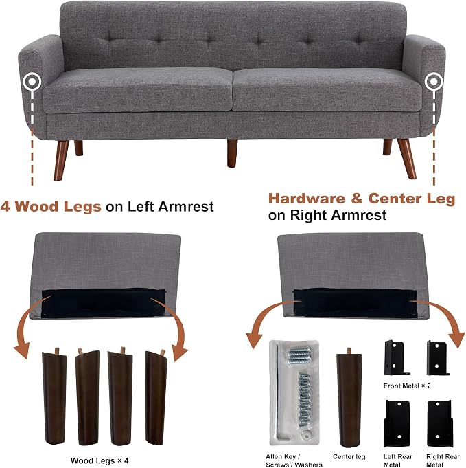 Kingfun 77.2" W Loveseat Sofa, Mid Century Modern Decor Love Seat Couches - Image 8