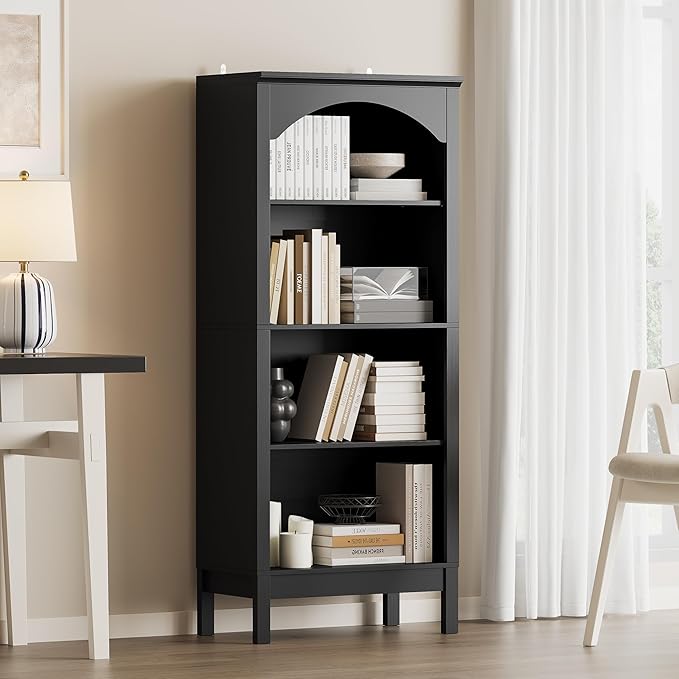Arched Bookshelf with 4 Tier Open Shelves, Study and Living Room, Modern Black by JMHDYG