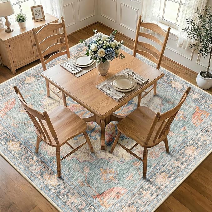 RELEANY Area Rugs Square 7ft Washable Non-Slip, Floral Vintage Distress Print by RELEANY
