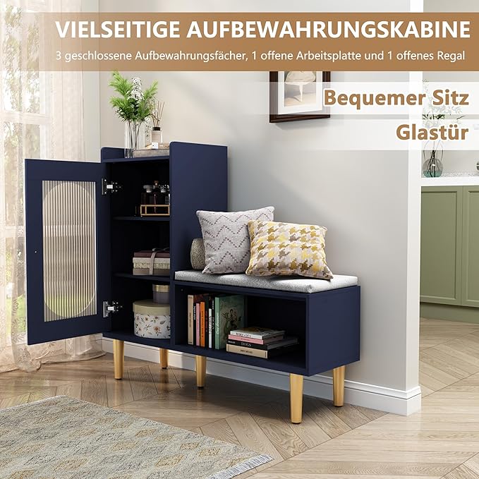 HLR Storage Bench with Glass Door&Shelf, Modern Entryway Shoe Cabinet Bench - Image 3