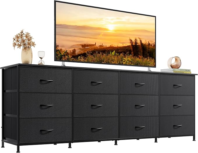 WLIVE 75.5'' Black Dresser for Bedroom, TV Stand for 85, 65 Inch TV, 12 Drawer by WLIVE