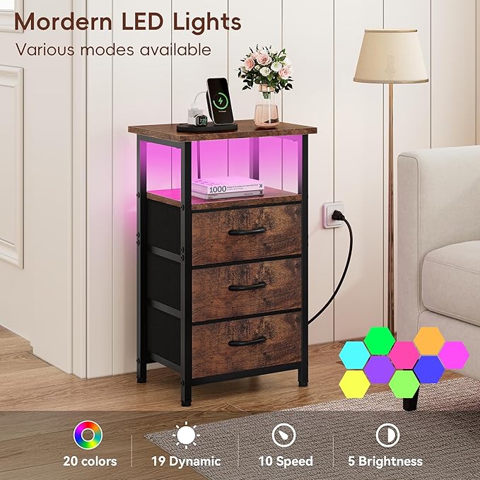 Vagusicc Night Stand with Charging Station, LED Nightstand - Image 4