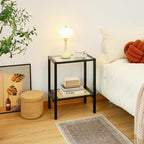 2-Tier Bamboo Side Table, Modern Glasstop Rattan Side Table, Mid Century Wood - Image 7