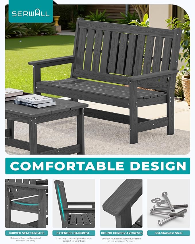SERWALL Outdoor Bench with Cup Holder, Oversized 58" HDPE Porch Bench Suitable - Image 5