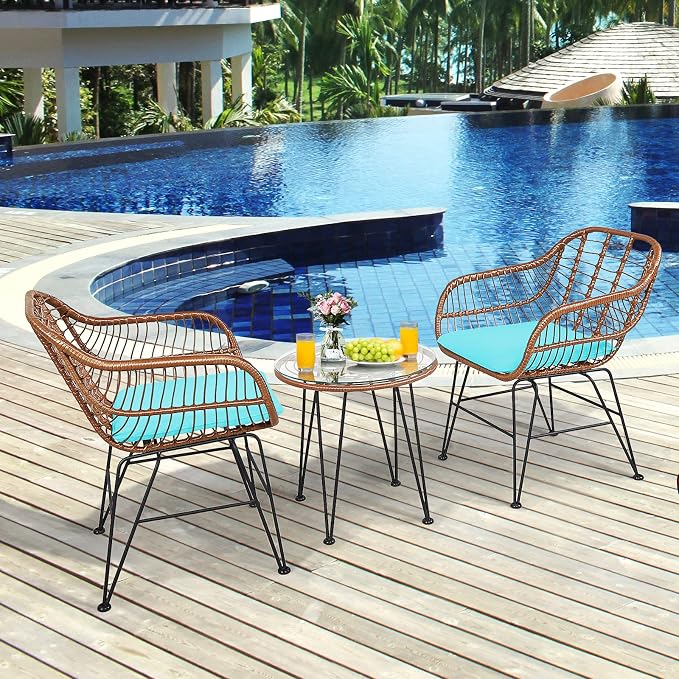 Tangkula 3 Pieces Patio Conversation Bistro Set, Outdoor Wicker Furniture - Image 3