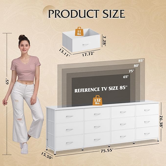 WLIVE 75.5'' White Dresser for Bedroom, TV Stand for 85, 65 Inch TV, 12 Drawer - Image 3
