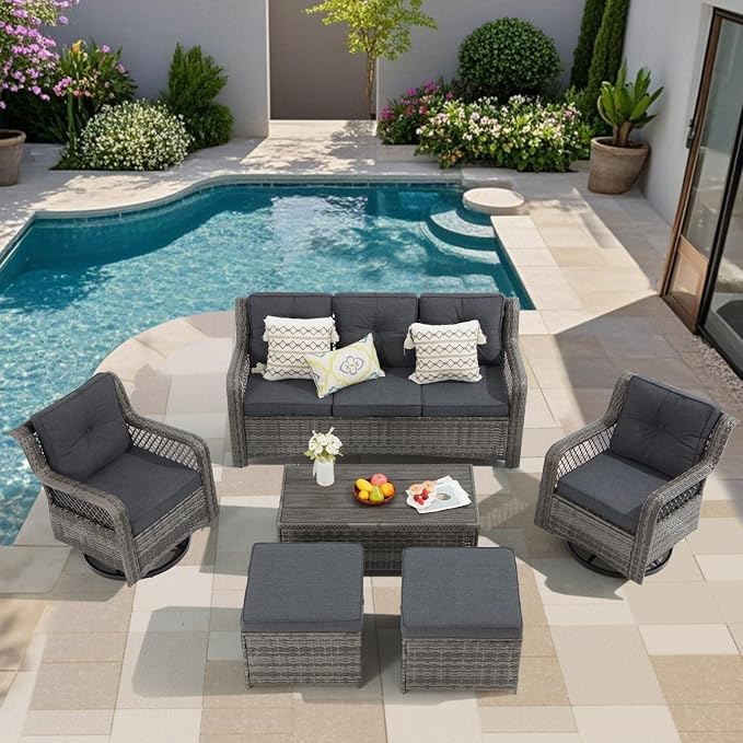 6 Pieces Wicker Patio Furniture Set Conversations Sets, 2 Outdoor 360° Swivel - Image 9