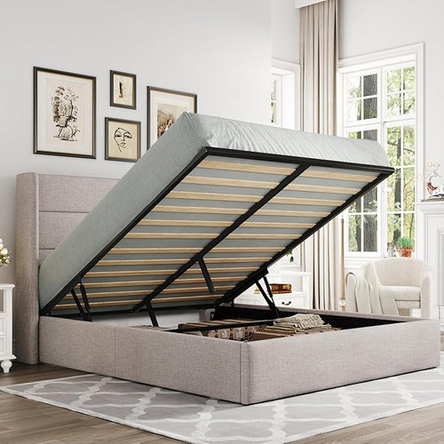 Allewie Queen Size Lift Up Storage Bed, Modern Wingback Headboard, Hydraulic by Allewie